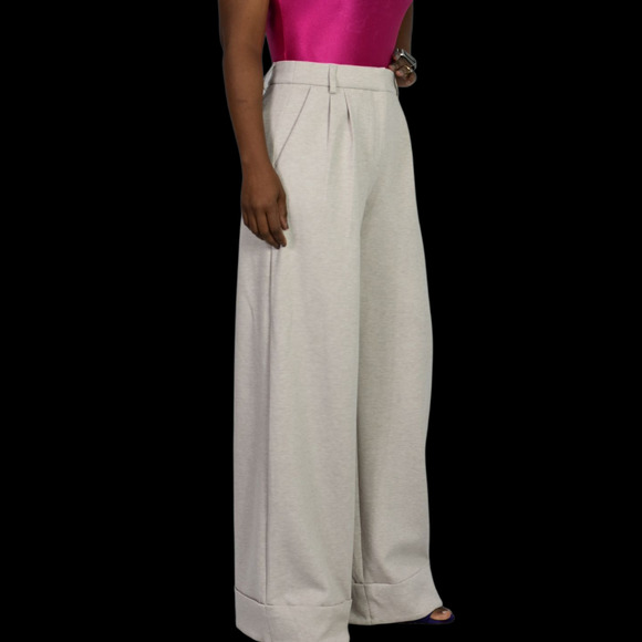 Express Stylist High Rise Pleated Wide Leg Trouser Beige Knit Cuffed Pant 2 Long - Picture 12 of 15